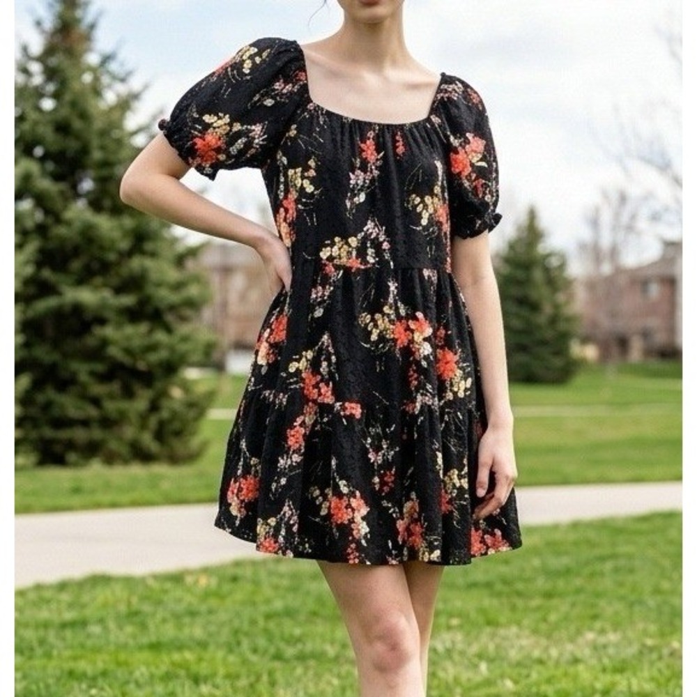 FSL Apparel Floral Eyelet Mini Dress Women‎ Medium Black Tiered Boho Cottagecore